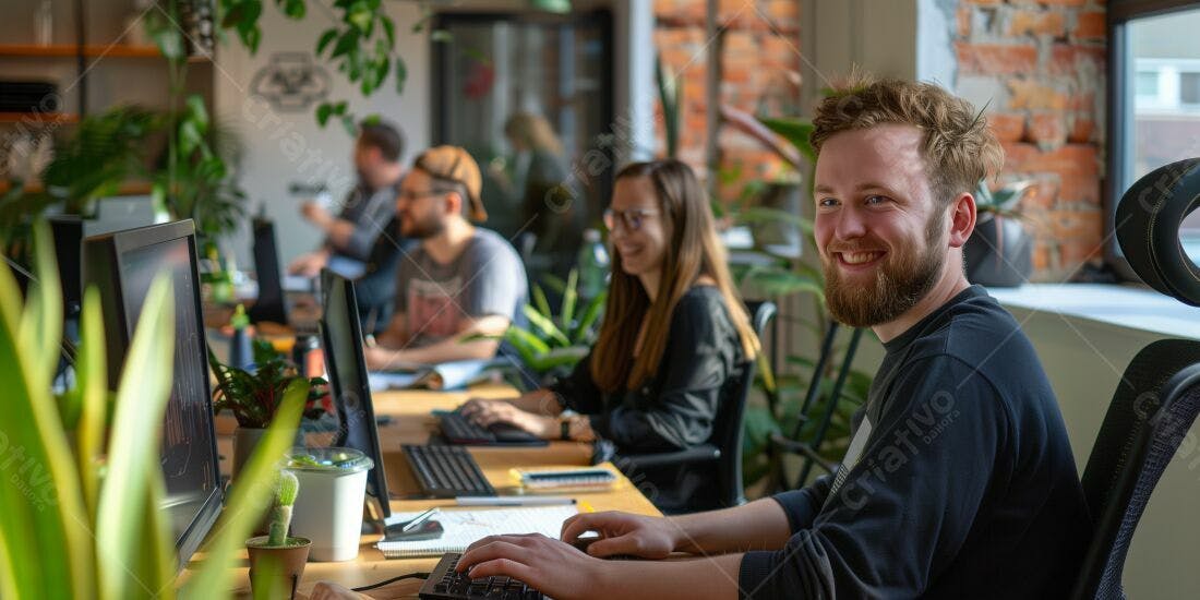 Homem sorrindo em escritório moderno com colegas
