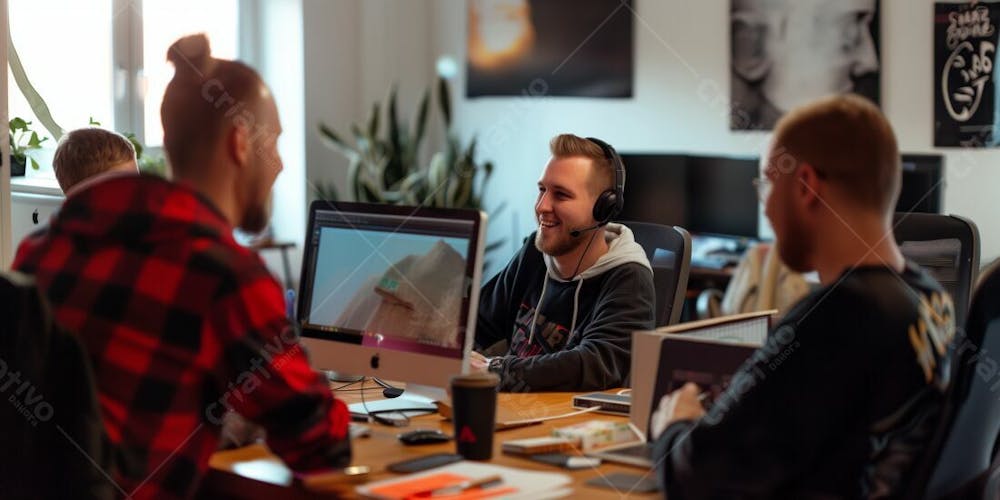 Homem Jovem Sorrindo Sorridente Feliz No Trabalho Mexendo No Computador Com A Equipe 