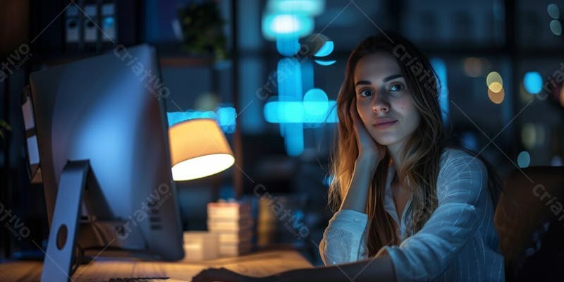Mulher jovem no trabalho mexendo no computador de noite business