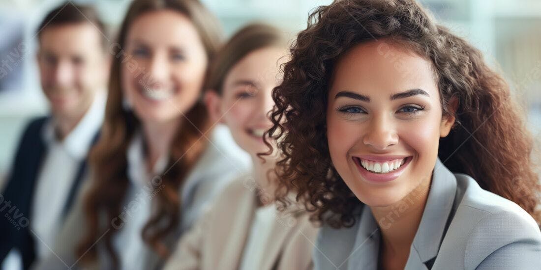 Mulher sorridente com colegas de trabalho