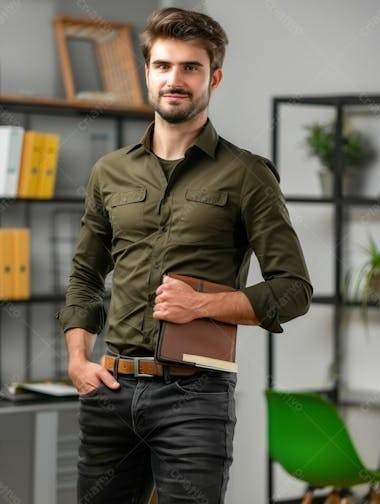 Homem jovem sorrindo sorridente feliz no trabalho camisa verde pasta na mão