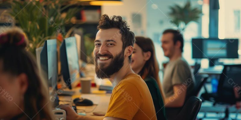 Homem jovem sorrindo sorridente feliz no trabalho mexendo no computador com a equipe