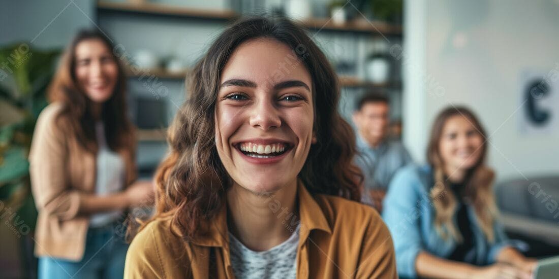 Mulher rindo com colegas de trabalho em escritório