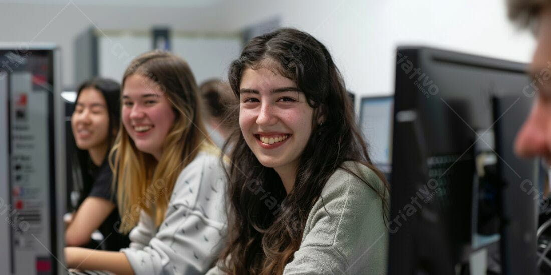 Alunas sorrindo em sala de informática