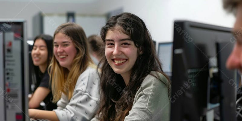 Mulher jovem sorrindo sorridente feliz com equipe trabalho business empresarial call center