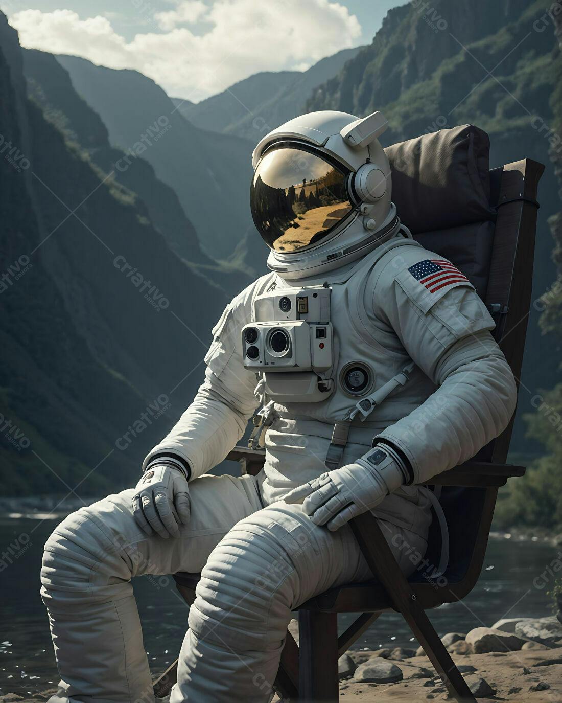 Astronauta contemplando paisagem montanhosa