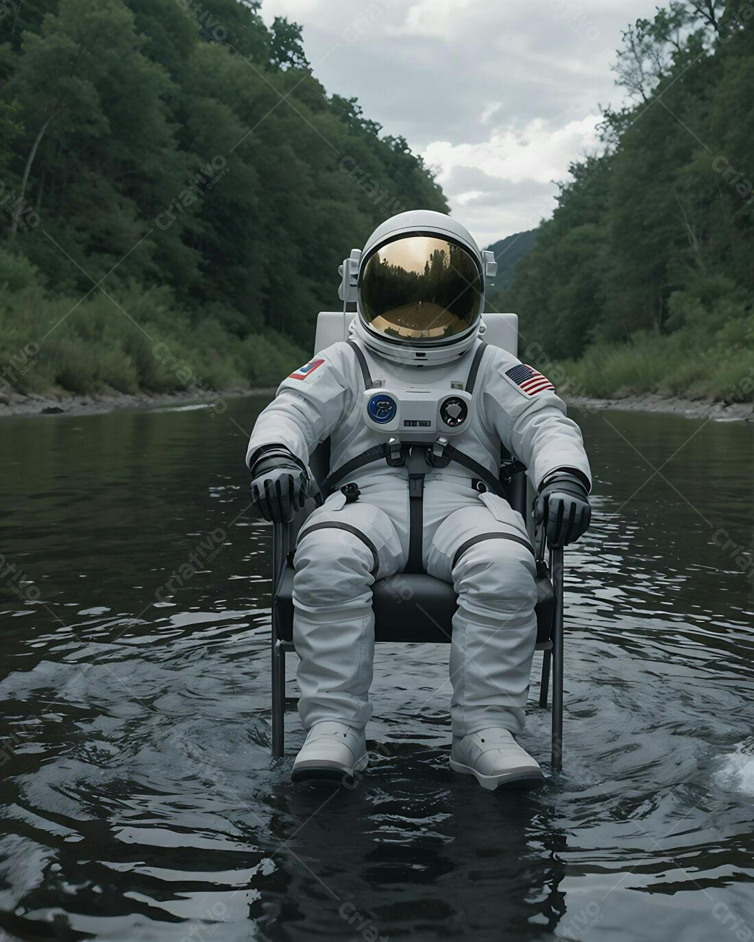 Astronauta sentado em rio cercado por floresta