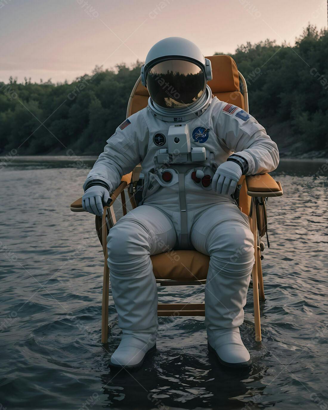 Astronauta sentado em cadeira na água ao entardecer