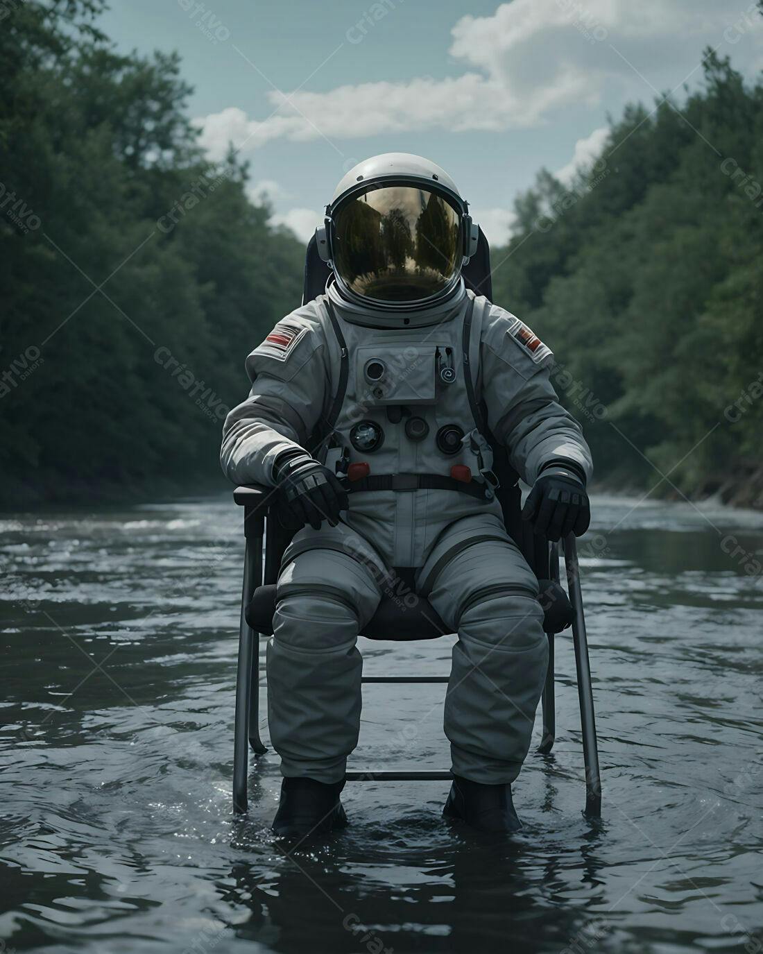 Astronauta sentado em rio em traje espacial