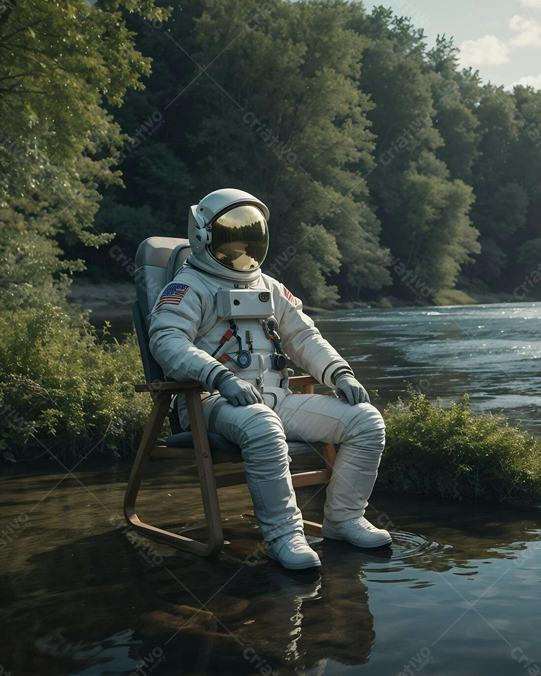 Astronauta relaxando em rio próximo a floresta