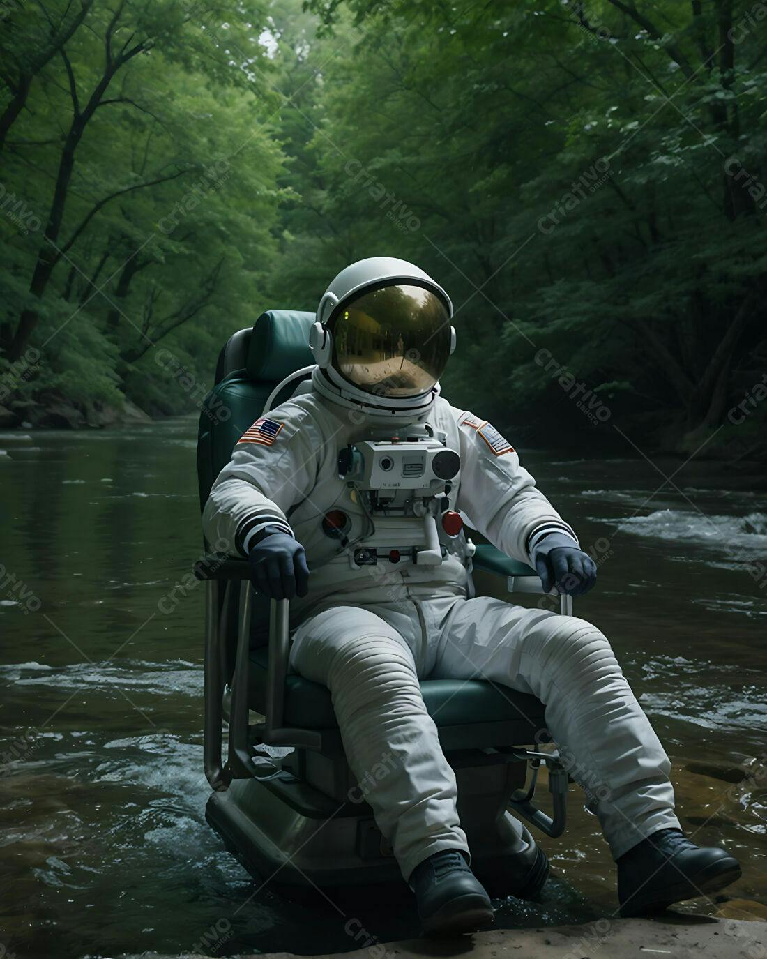 Astronauta em cadeira na floresta