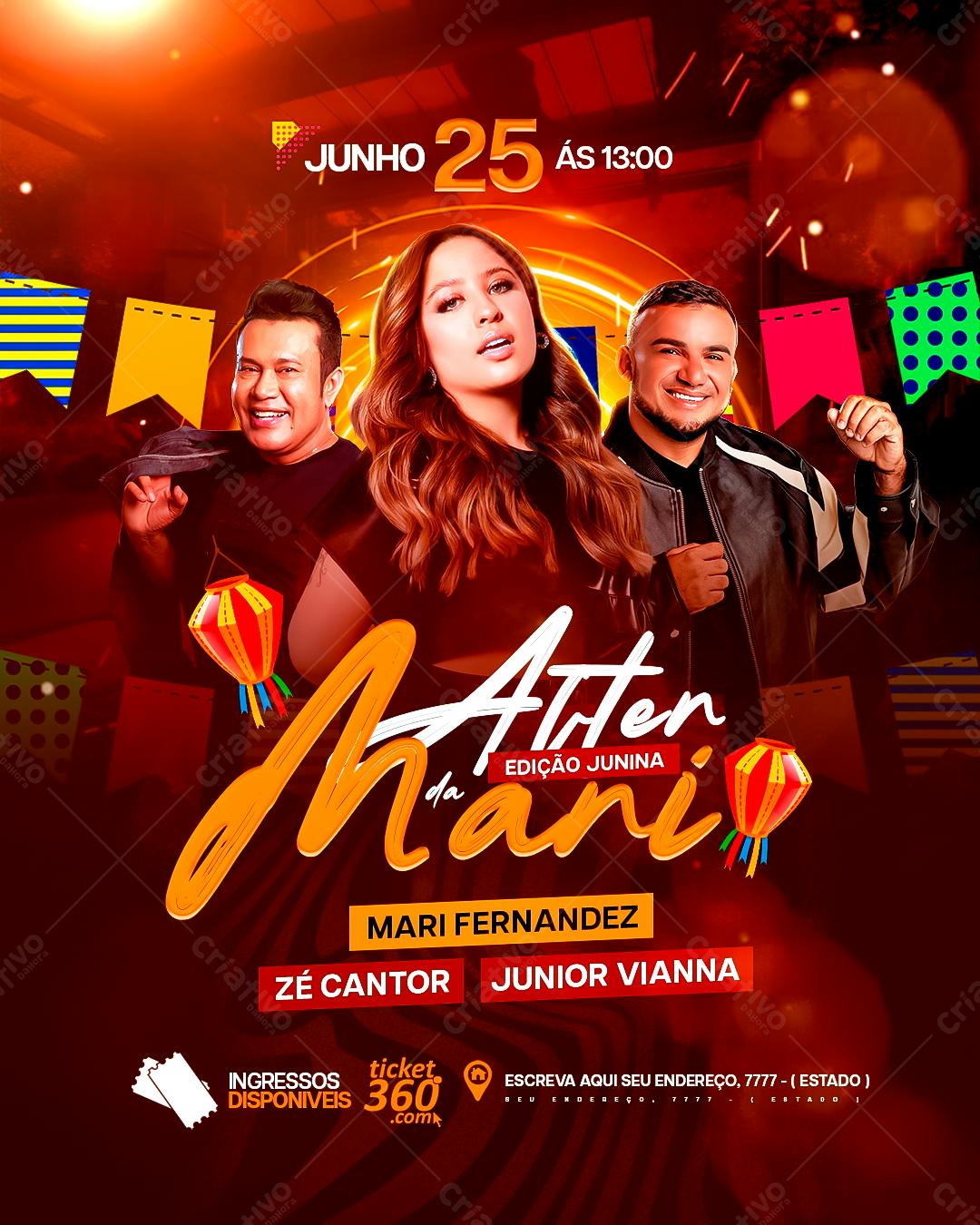 Flyer Festa Junina com Mari Fernandez, Zé Cantor e Junior Vianna PSD Editável