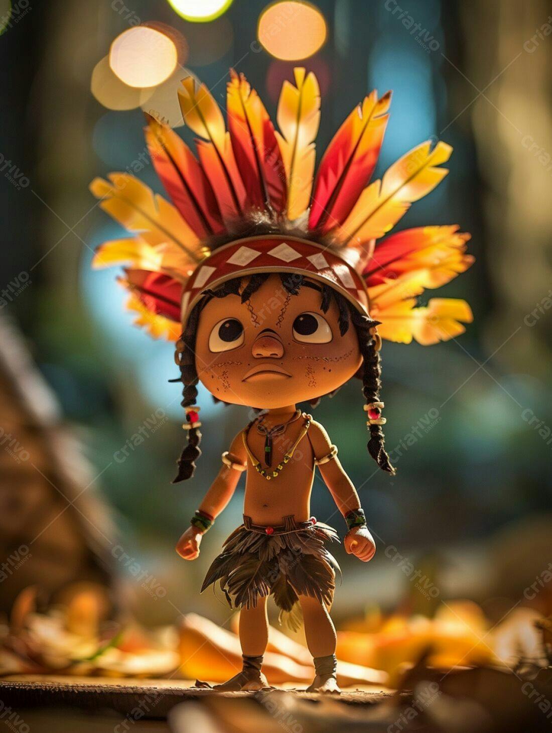 Boneco indígena com cocar de penas