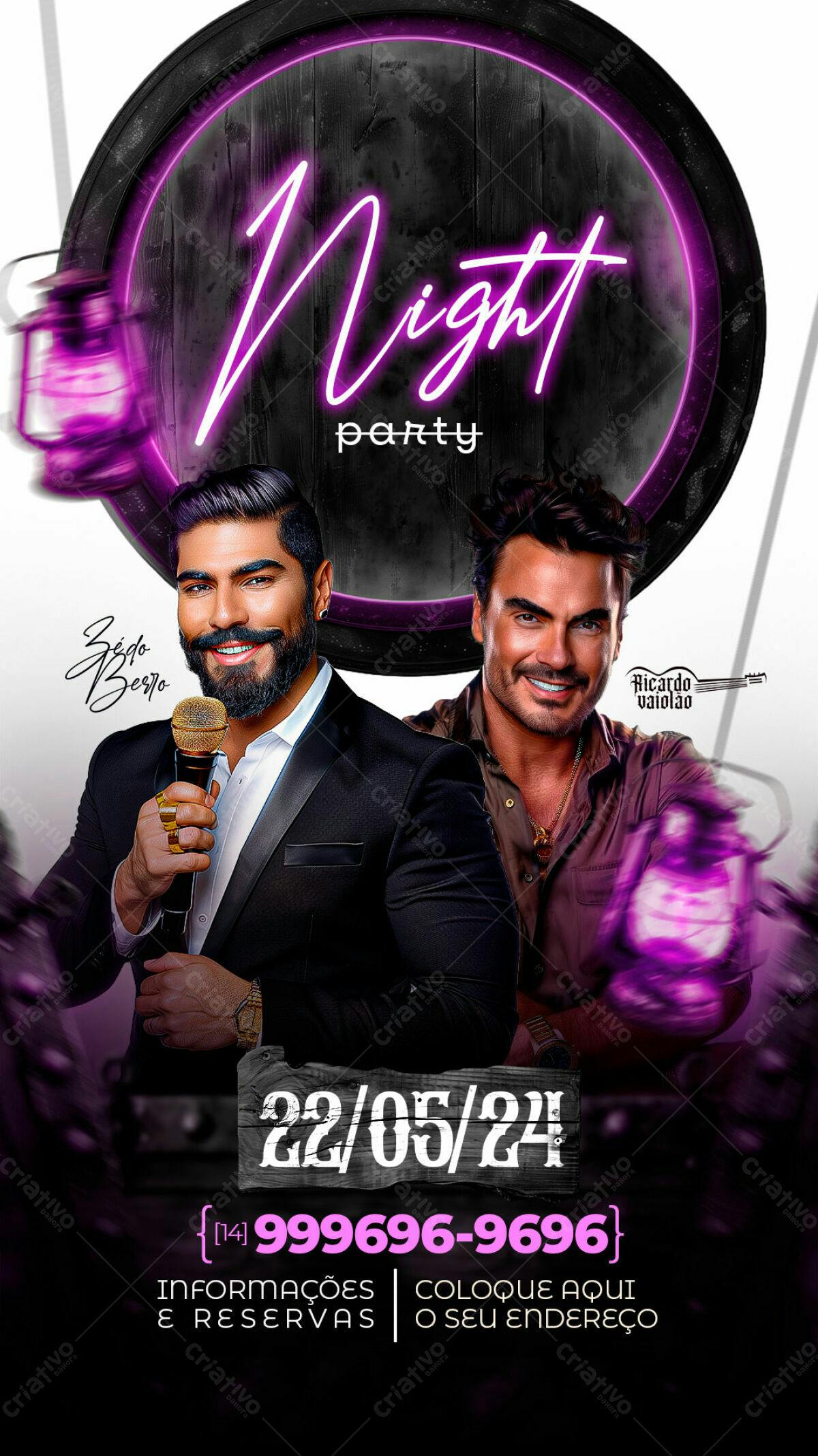 Flyer Festa Noturna com Zézo Berro e Ricardo Vaiolão PSD Editável