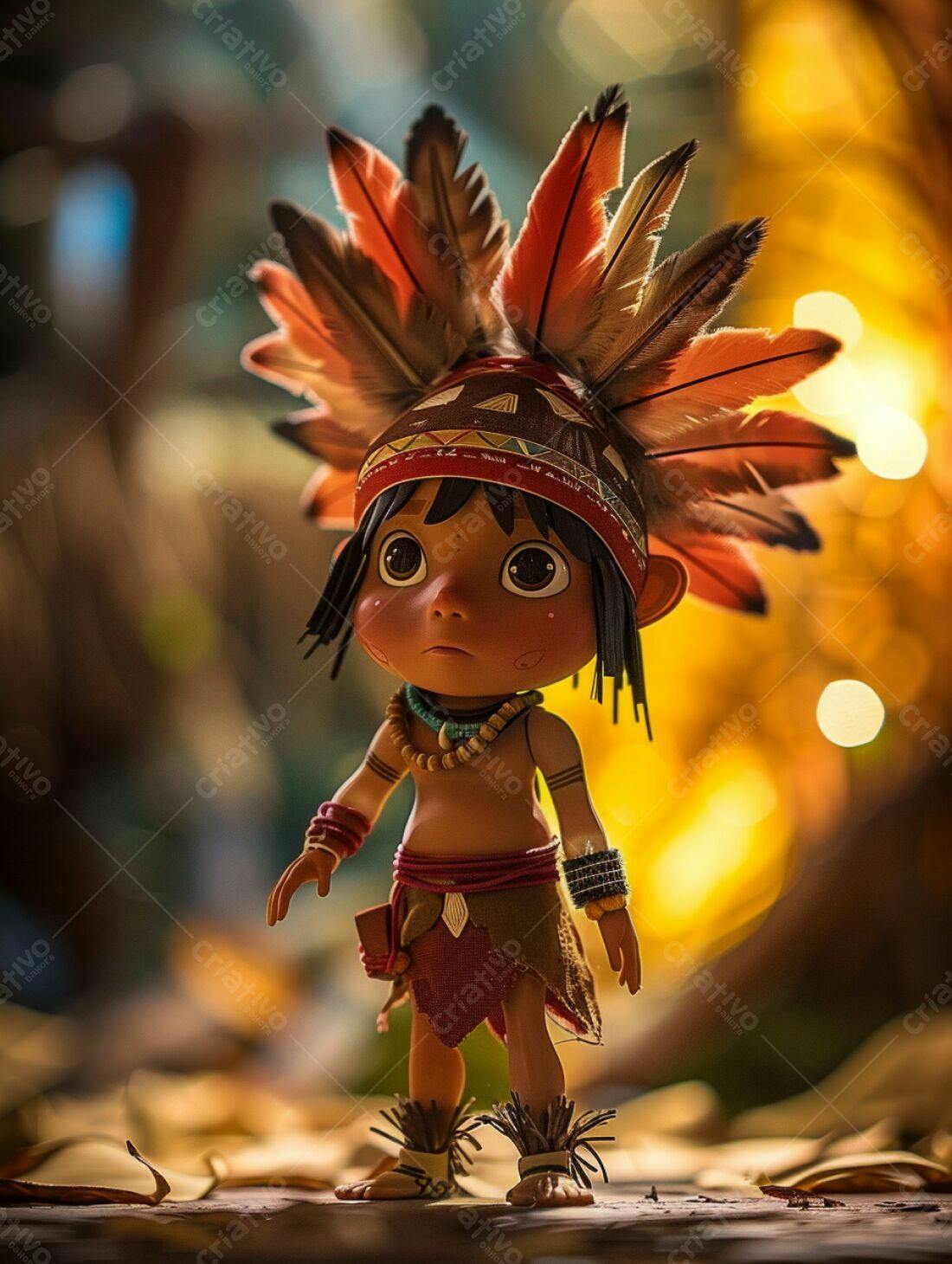 Boneco indígena com penas detalhe
