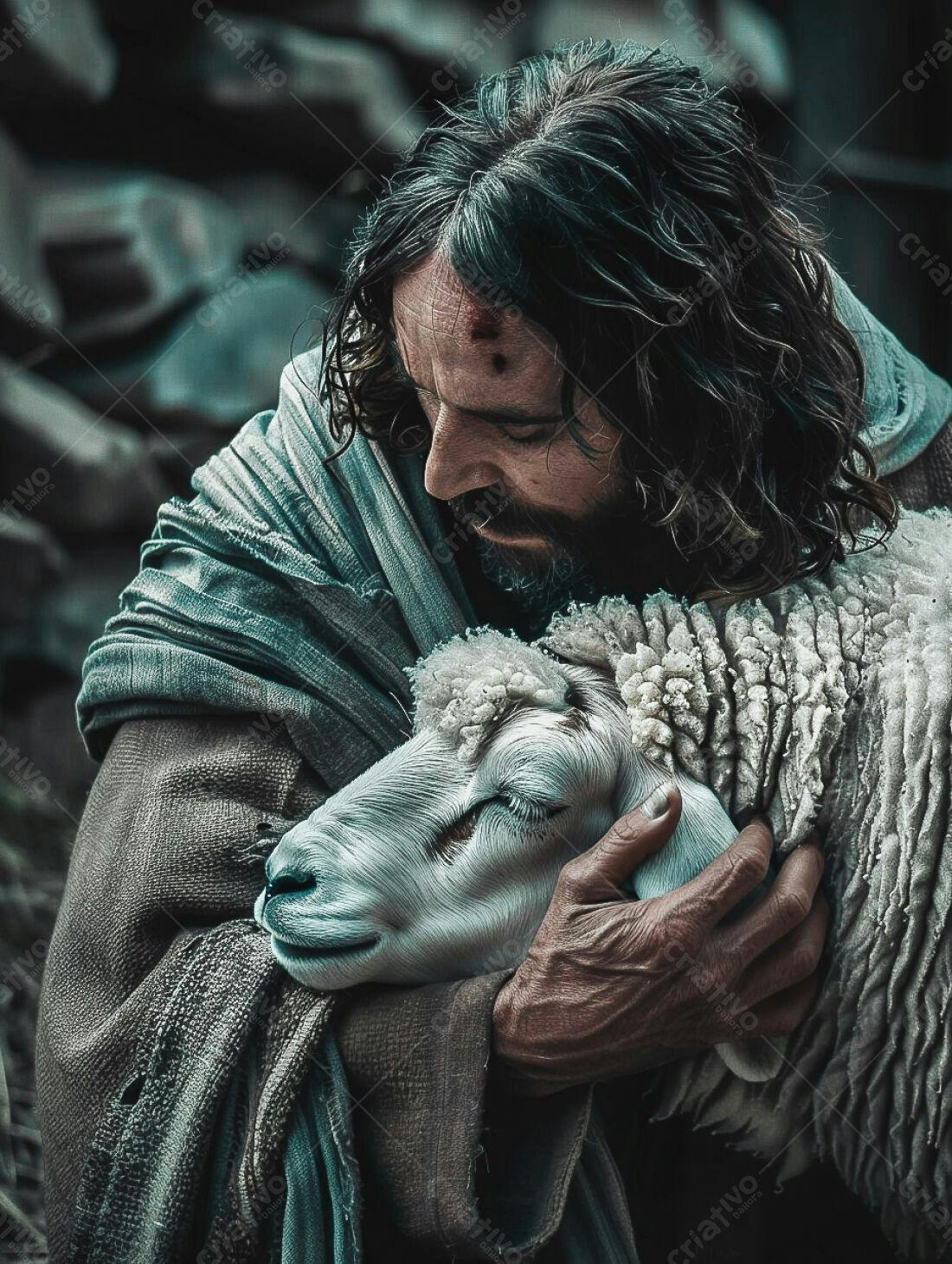 Jesus abraçando cordeiro indefeso