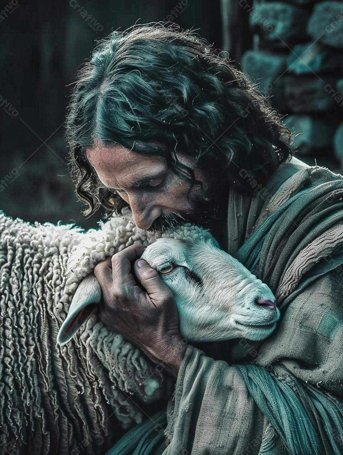 Jesus abraçando cordeiro tons verdes