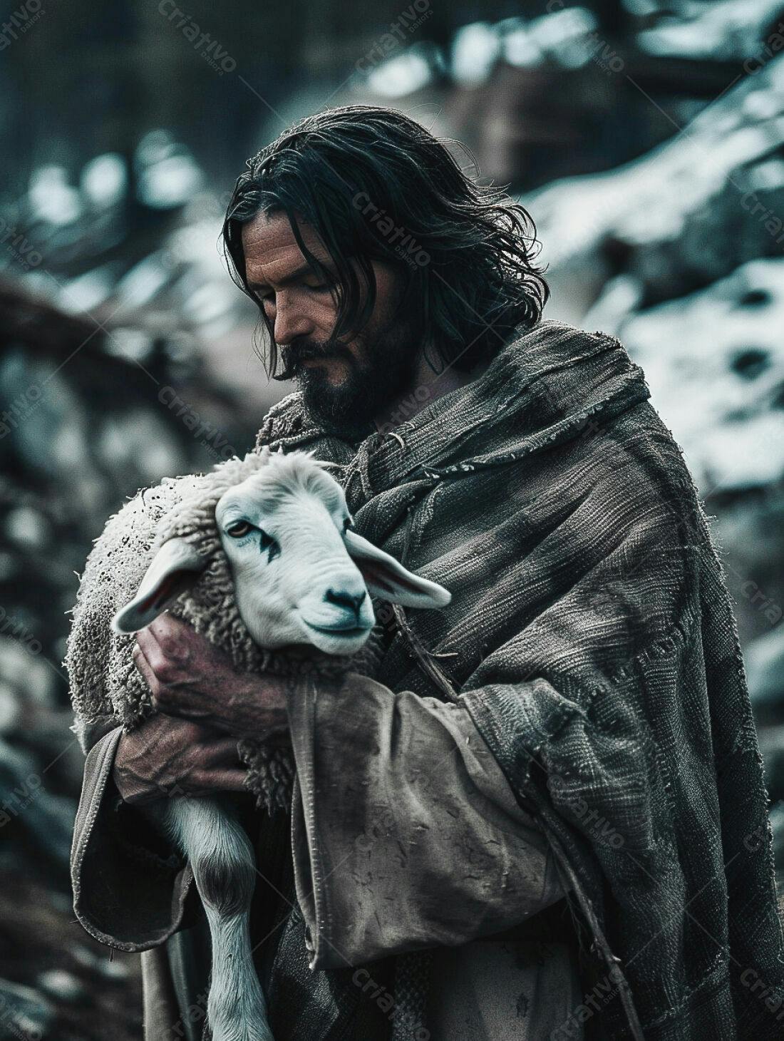 Pastor segurando cordeiro em cenário desolado