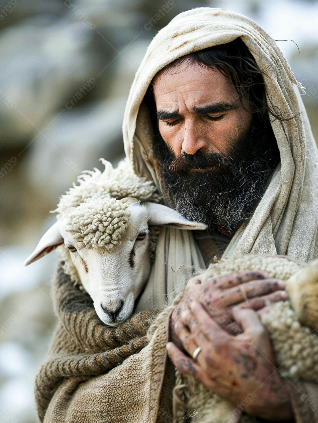 Pastor segurando cordeiro em seus braços