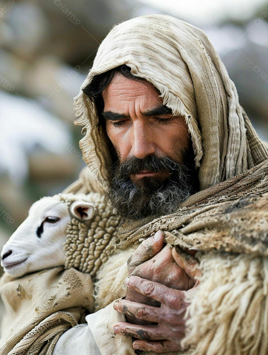 Pastor com cordeiro nos braços