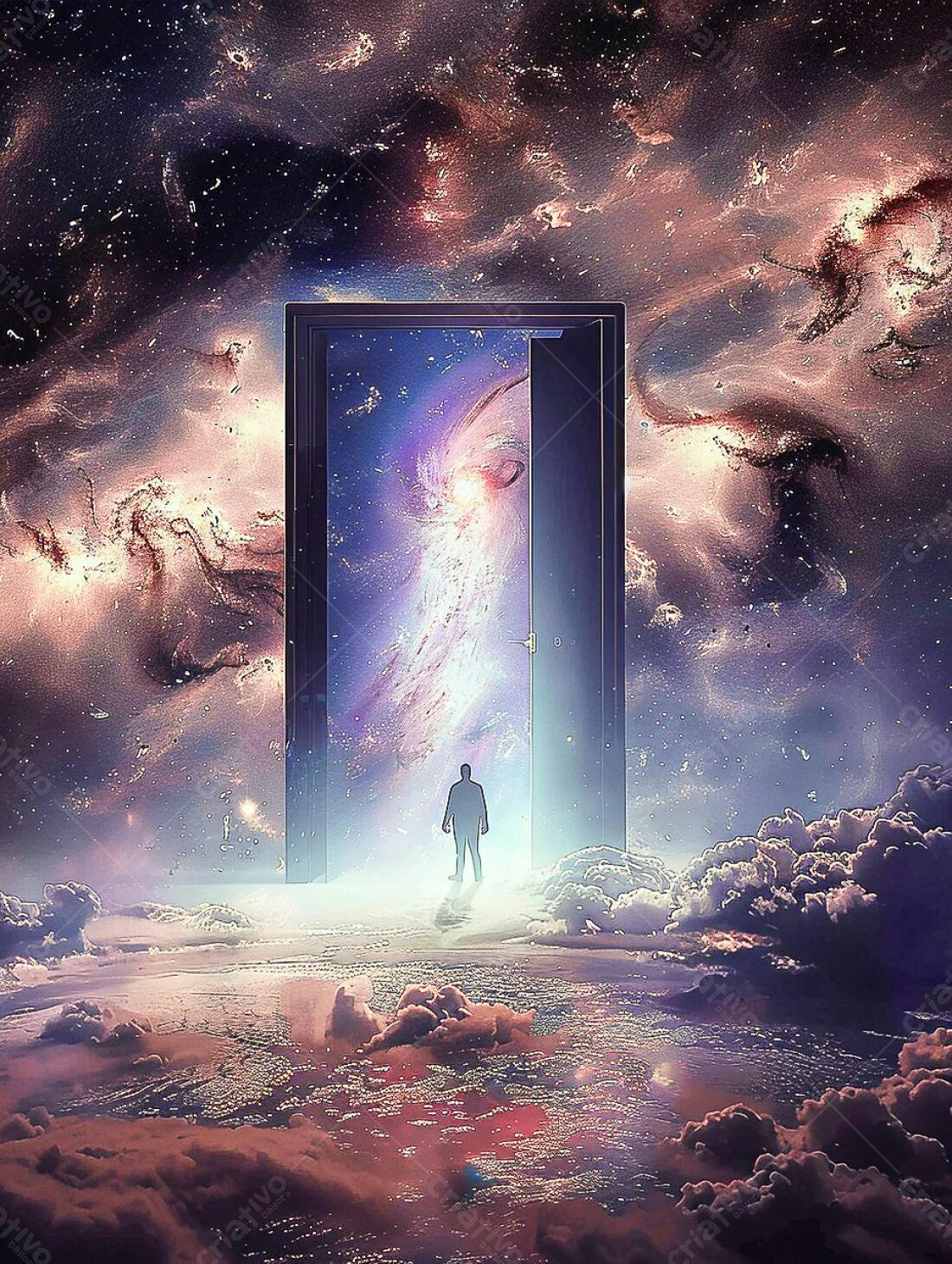 Homem diante de porta para o cosmos