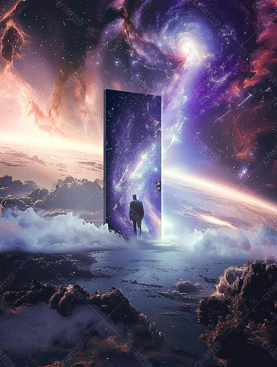 Homem caminhando para portal espacial
