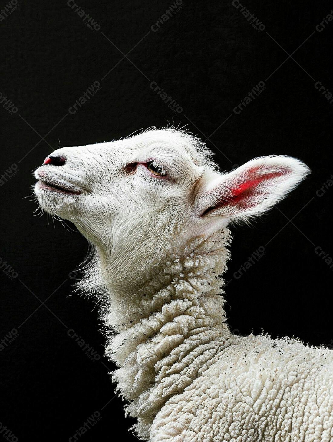 Borrego branco olhando para cima fundo preto