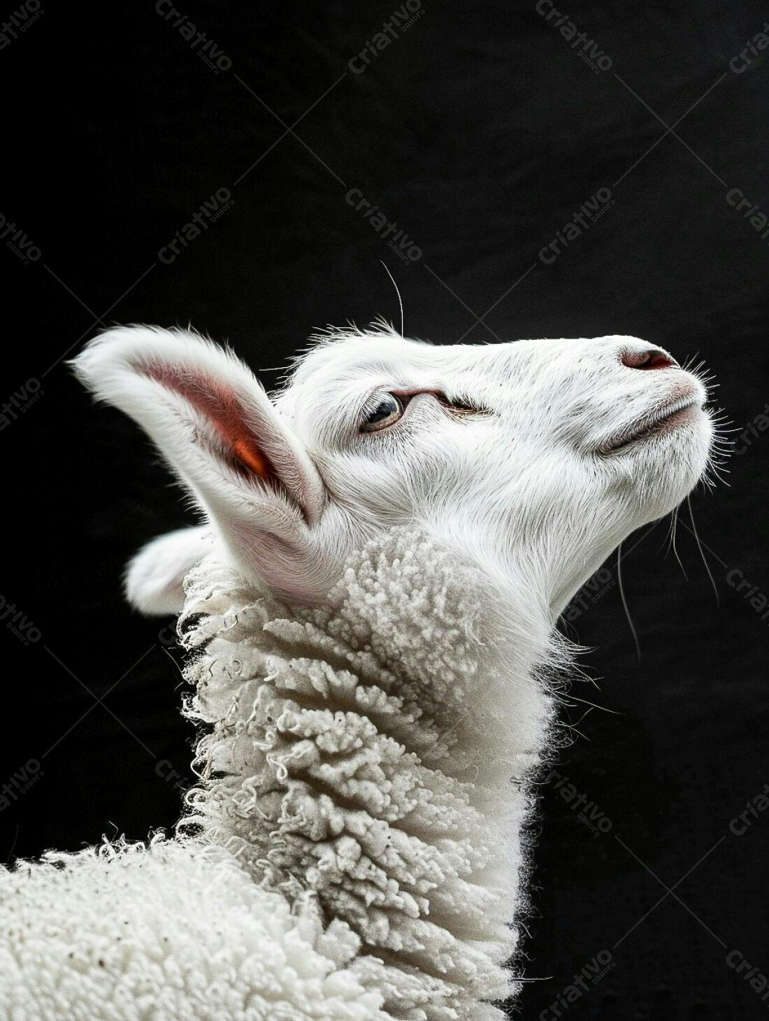 Borrego branco olhando para cima fundo preto