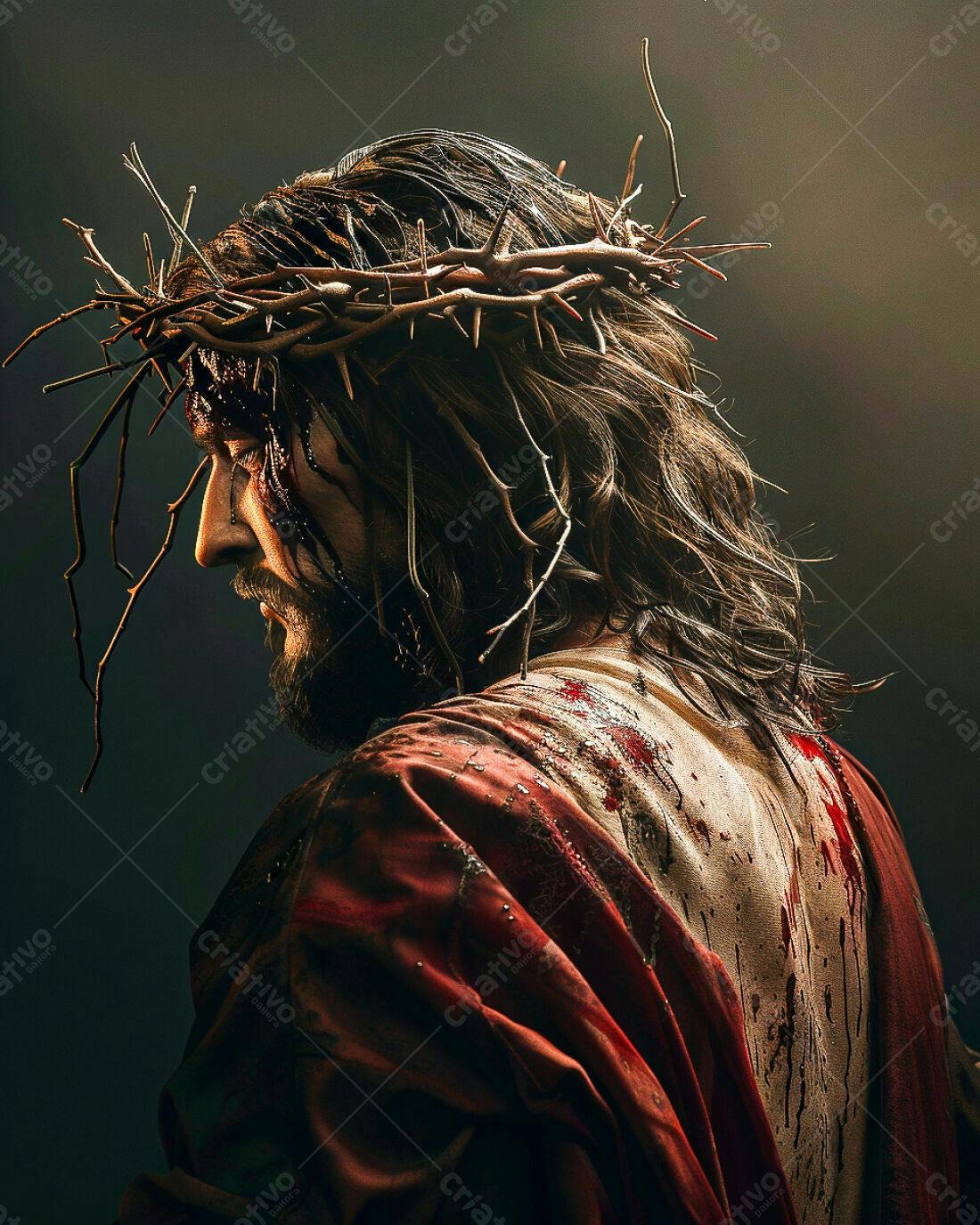 Jesus Cristo com coroa de espinhos e sangue