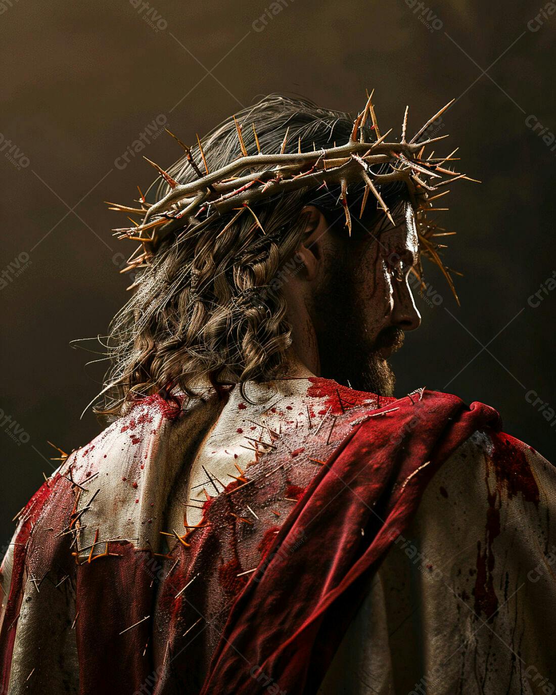 Jesus Cristo com coroa de espinhos e vestes ensanguentadas