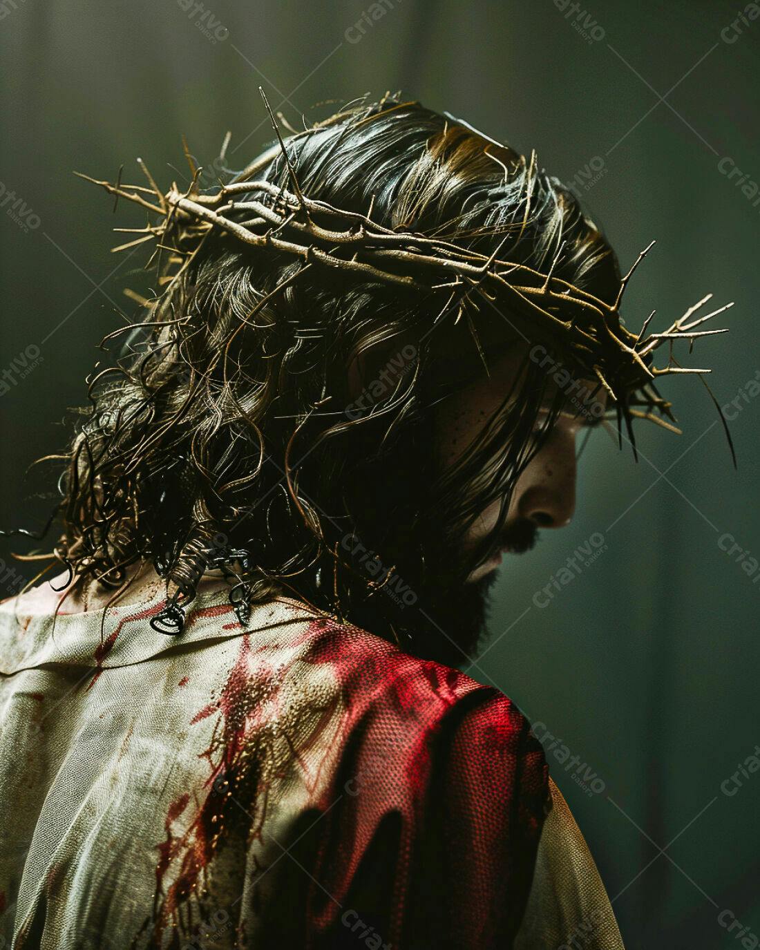 Jesus Cristo com coroa de espinhos e sangue