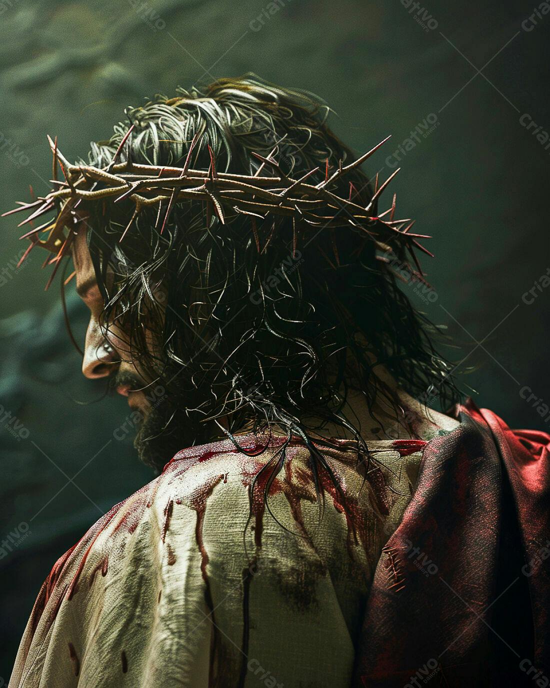 Jesus Cristo com coroa de espinhos e sangue