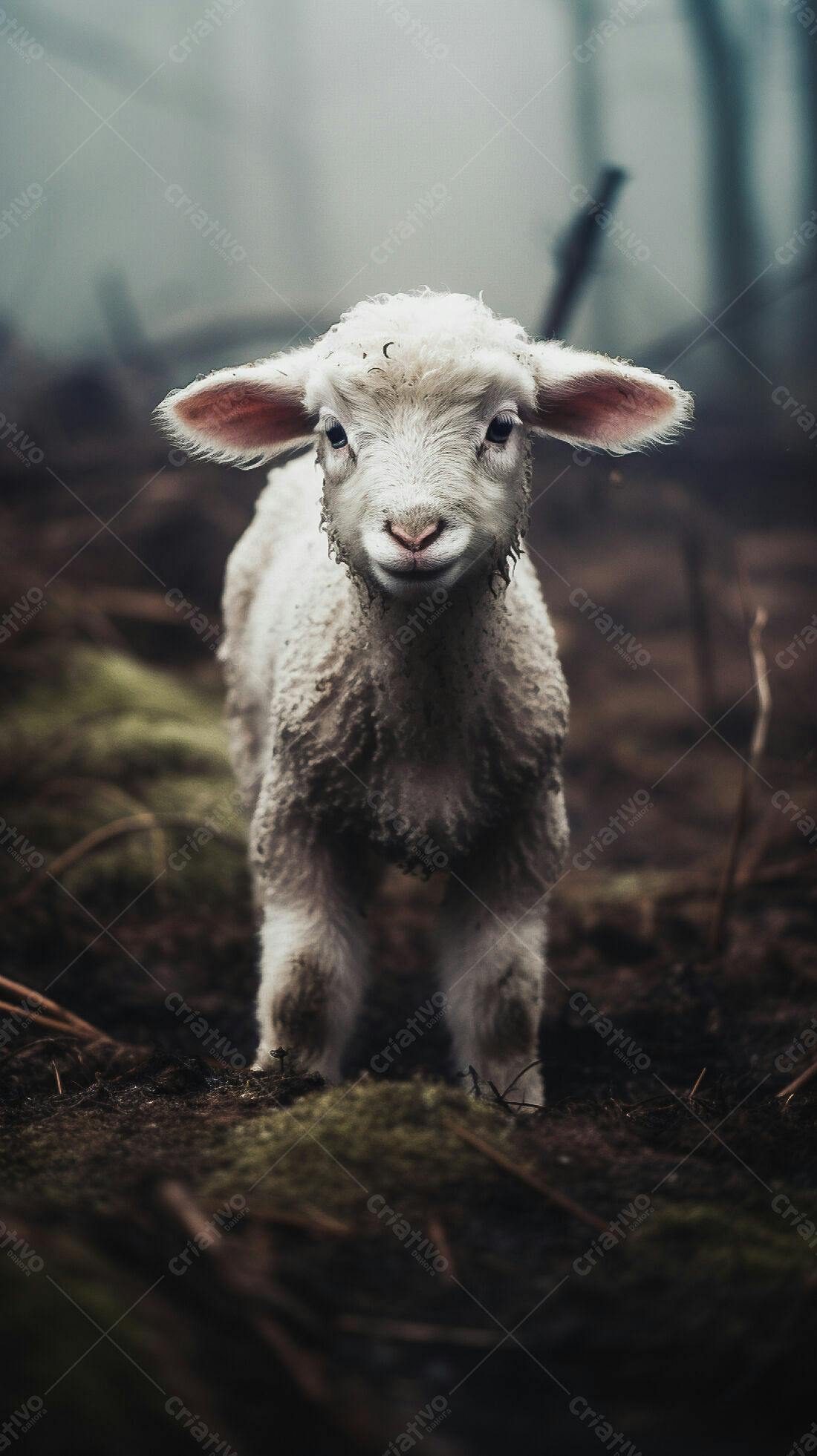 Borrego fofo em pasto úmido