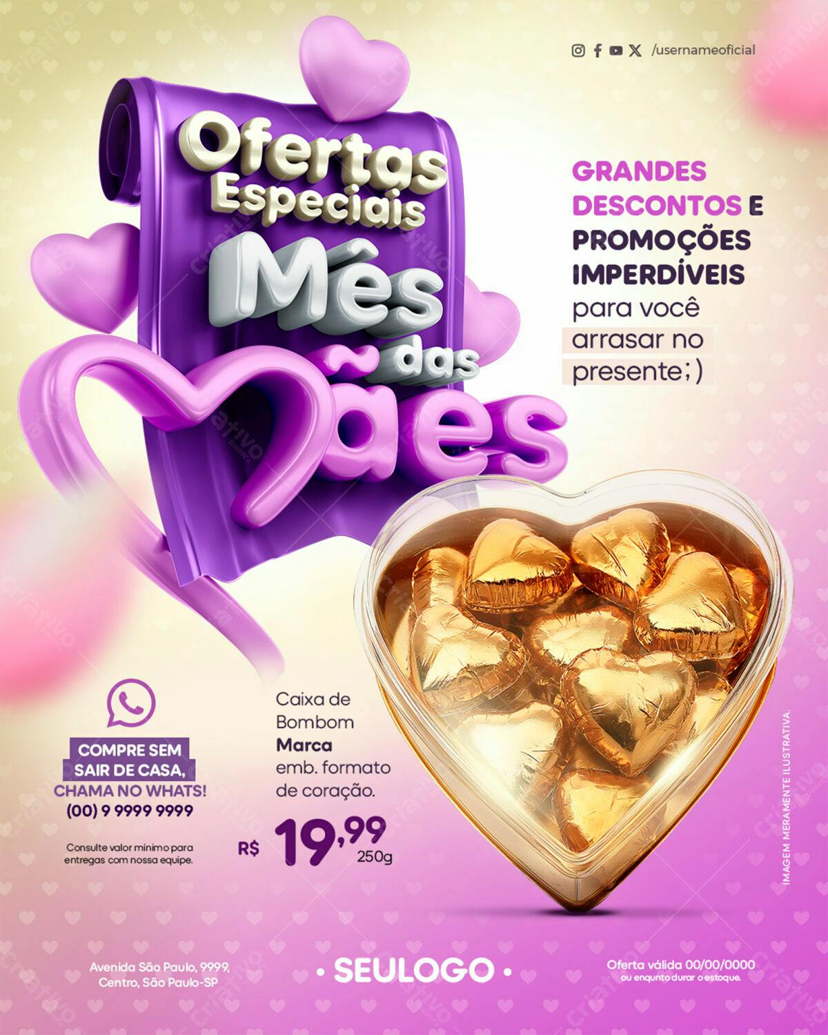 Flyer Dia das Mães com Bombons em Formato de Coração PSD Editável