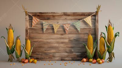Uma Placa Quadrada De Madeira Com Milho Para Composição Para Festa Junina 14