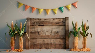 Uma Placa Quadrada De Madeira Com Milho Para Composição Para Festa Junina 15