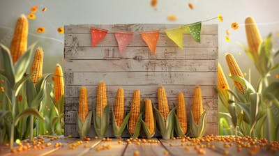 Uma Placa Quadrada De Madeira Com Milho Para Composição Para Festa Junina 20