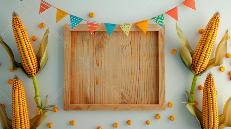 Uma placa quadrada de madeira com milho para composição para festa junina 25