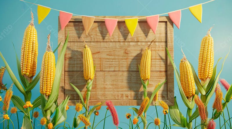 Uma placa quadrada de madeira com milho para composição para festa junina 29