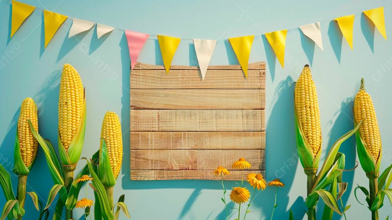 Uma placa quadrada de madeira com milho para composição para festa junina 31