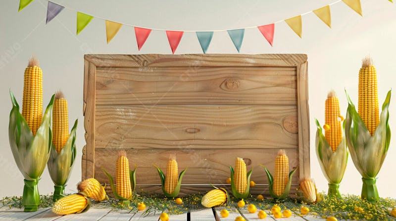 Uma placa quadrada de madeira com milho para composição para festa junina 37