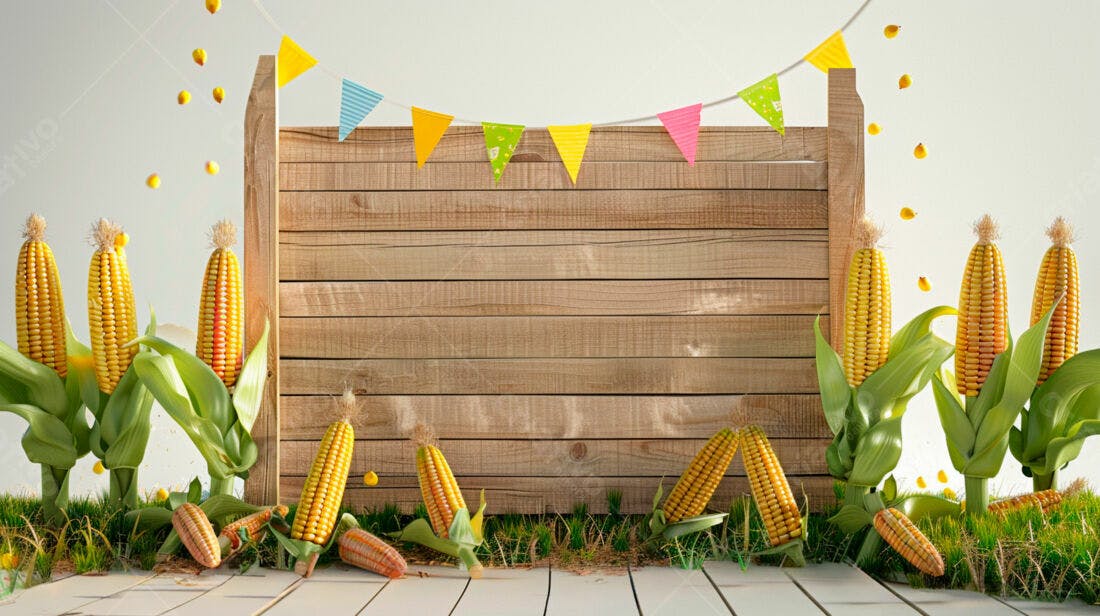 Espigas de milho e fundo de madeira para festa