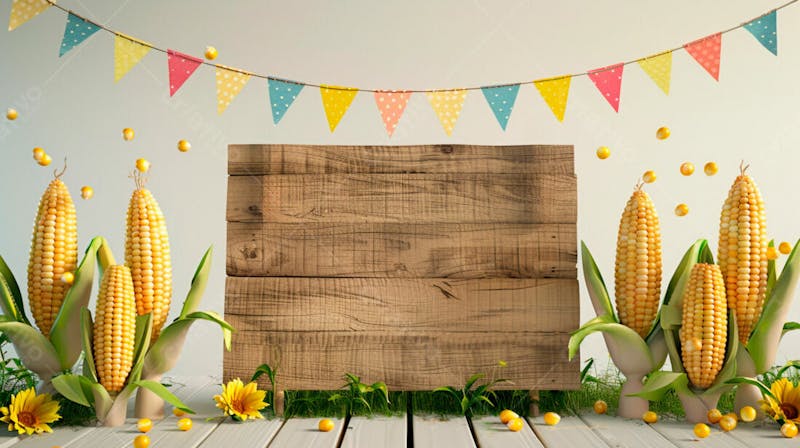Uma placa quadrada de madeira com milho para composição para festa junina 39