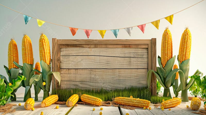 Uma placa quadrada de madeira com milho para composição para festa junina 49