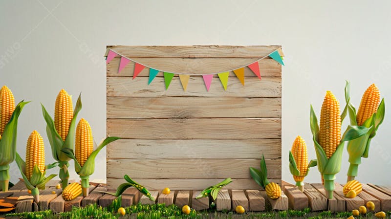 Uma placa quadrada de madeira com milho para composição para festa junina 50