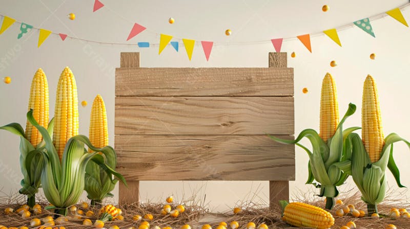 Uma placa quadrada de madeira com milho para composição para festa junina 54