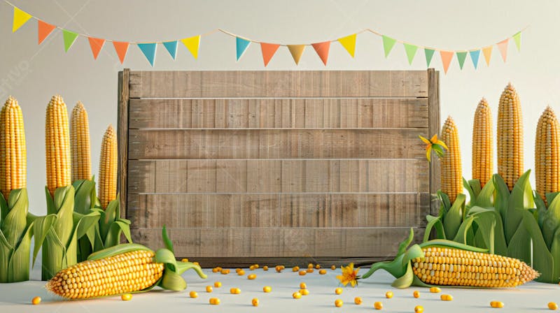 Uma placa quadrada de madeira com milho para composição para festa junina 55