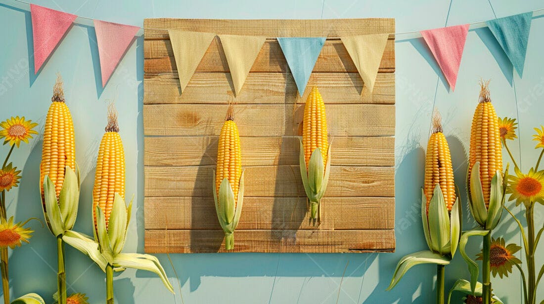 Espigas de milho amarelas com girassóis fundo azul