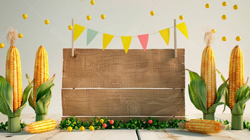 Uma placa quadrada de madeira com milho para composição para festa junina 74