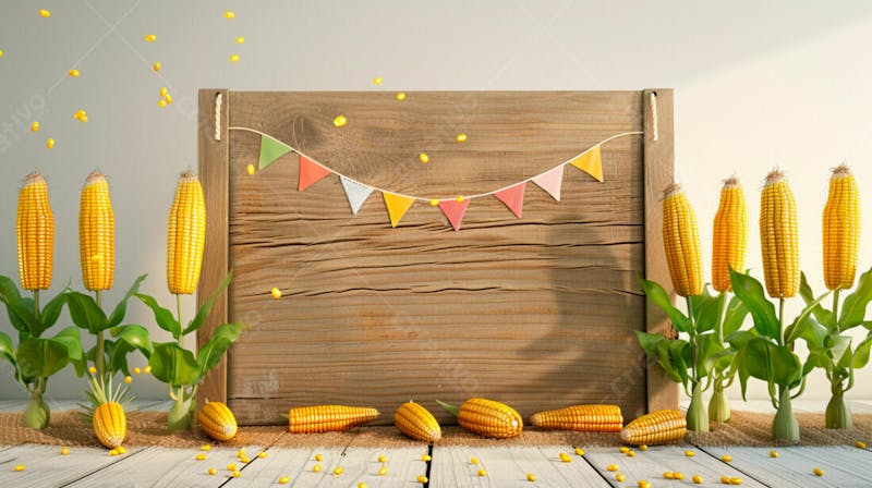 Uma placa quadrada de madeira com milho para composição para festa junina 75